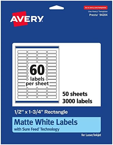 Avery® Matte White Rectangle Labels, Sure Feed® Technology, 0.5" x 1.75", 3,000 Matte White Printable Labels
