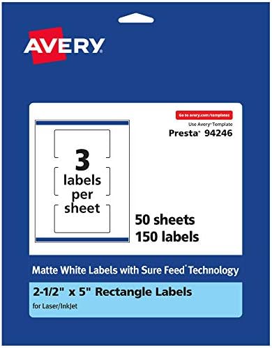 Avery® Matte White Rectangle Labels, Sure Feed® Technology, 2.5" x 5", 150 Matte White Printable Labels