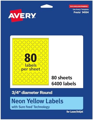 Avery Printable Round Labels, Sure Feed Technology, 3/4" Diameter, Neon Yellow Labels, Print-to-the-Edge, Laser/Inkjet, 6,400 Total, Great for Price Stickers and Mailing Seals