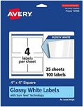 Avery Glossy White Square Labels, Sure Feed Technology, 4" x 4", 100 Glossy White Labels, Permanent Adhesive, Laser/Inkjet Printable