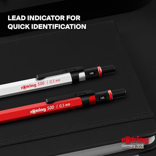 Rotring 500 Mechanical Pencil, Red and White Hexagonal Plastic Barrel and Non-Slip Textured Metal Grip, 0.5mm, HB Lead, 1 Count