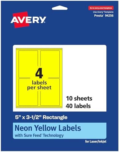 Avery® Printable Rectangle Labels, Sure Feed® Technology, 5" x 3-1/2", Neon Yellow Labels, Laser/Inkjet Printable, 40 Total, Great for Shipping and Packaging
