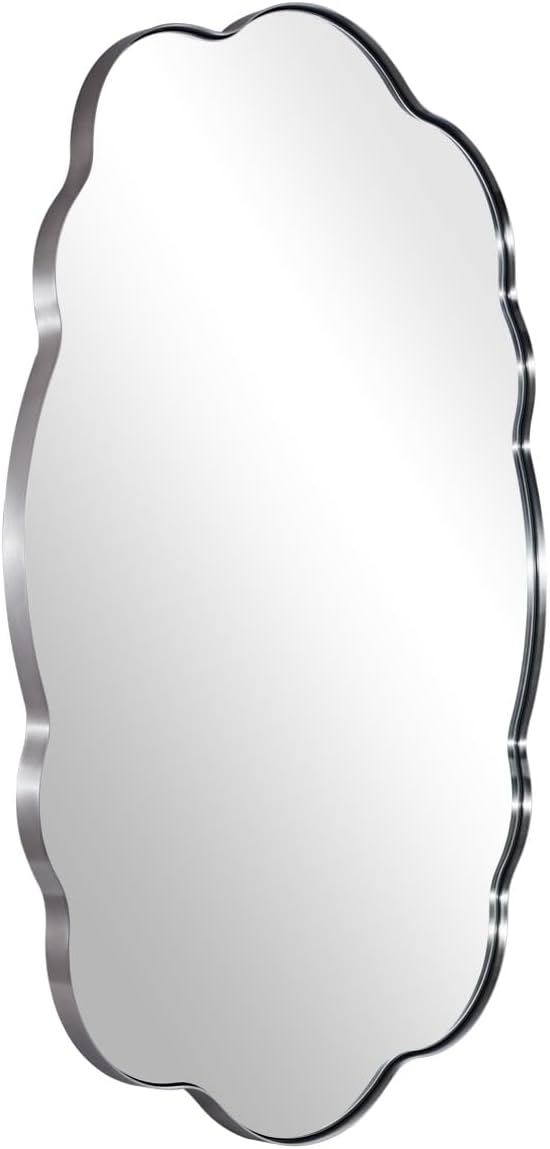 ANDY STAR Brushed Nickel Wavy Oval Bathroom Mirror, 26x38 Inch Silver Scalloped Wall Mirror, Unique Irregular Wall Mirror with Sophisticated Curved Design