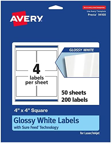Avery Glossy White Square Labels, Sure Feed Technology, 4" x 4", 200 Glossy White Labels, Permanent Adhesive, Laser/Inkjet Printable