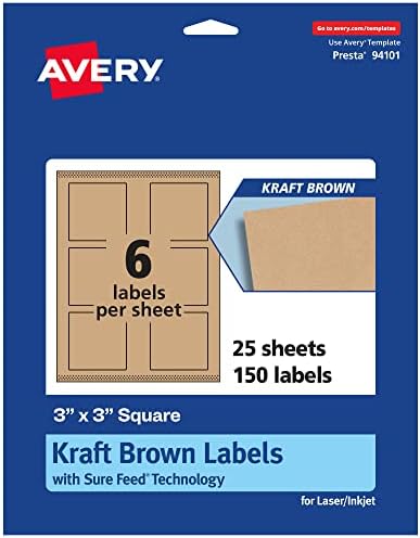 Avery® Kraft Brown Square Labels, Sure Feed® Technology, 3" x 3", 150 Kraft Brown Labels, Print-to-The-Edge, Laser/Inkjet Printable