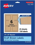 Avery® Kraft Brown Square Labels, Sure Feed® Technology, 3" x 3", 150 Kraft Brown Labels, Print-to-The-Edge, Laser/Inkjet Printable