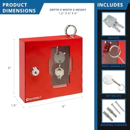Barska Red Key Lock Breakable Glass Window Alarm Emergency Key Storage Lock Box with Attached Hammer for Home and Business