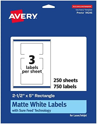 Avery® Matte White Rectangle Labels, Sure Feed® Technology, 2.5" x 5", 750 Matte White Printable Labels