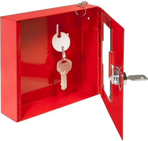 Barska Red Key Lock Breakable Glass Window Alarm Emergency Key Storage Lock Box with Attached Hammer for Home and Business