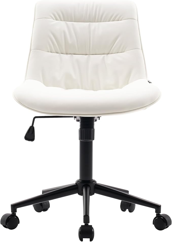 Kidol & Shellder Faux Leather Office Chair, Adjustable Swivel Height Task Chair, Rolling Wheels & Soft Backrest - Armless Ergonomic Desk Chair for Home, Office,Vanity,Gaming（White）