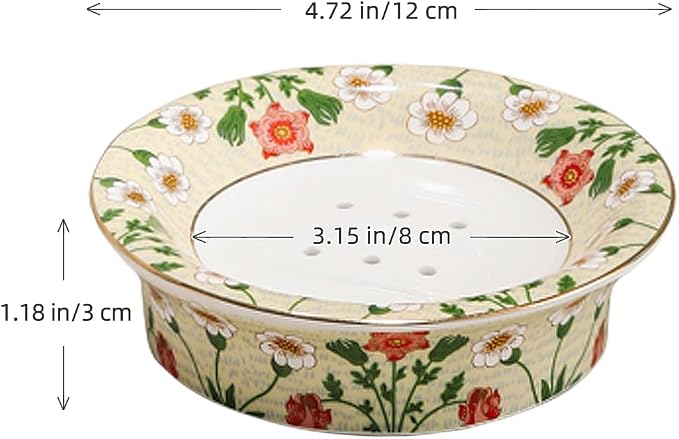 Floral Decorative Self Draining Soap Dish, Double-Layer Round Soap Tray, Vintage Ceramic Soap Dish (Style B)