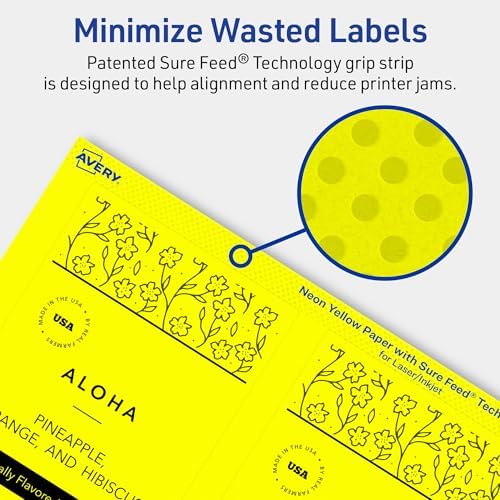 Avery® Printable Rectangle Labels, Sure Feed® Technology, 5" x 3-1/2", Neon Yellow Labels, Laser/Inkjet Printable, 40 Total, Great for Shipping and Packaging
