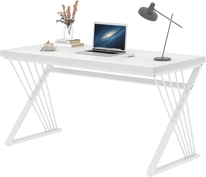 FOLUBAN Modern White Desk, Rustic Wood and Metal Computer Desk for Home Office, Simple Writing Work PC Desks for Bedroom, Industrial Study Gaming Table for Living Room, White, 53 Inch