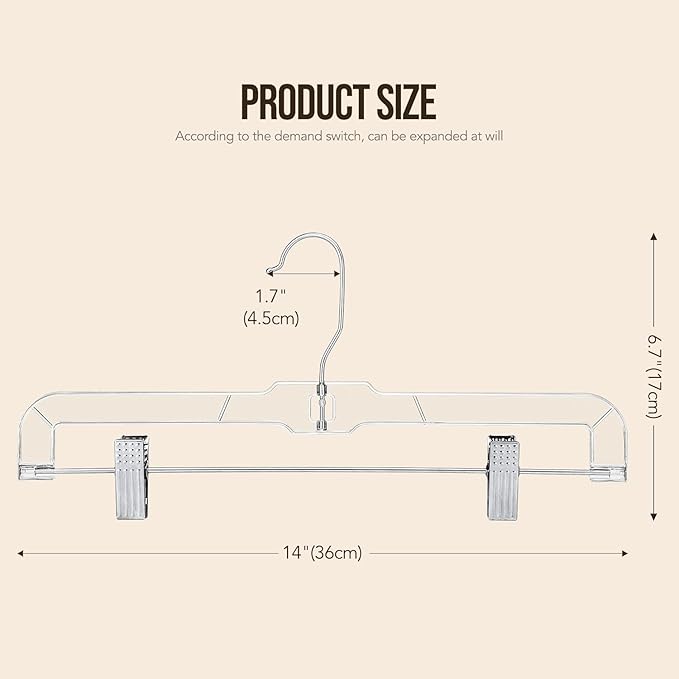 HOUSE DAY 120 Pack Clear Pants Hangers with Clips, Plastic Skirt Hangers for Women, 14 Inch Clip Hanger for Pants, Skirts, Jeans, Shorts, Legging, with 360-degree Swivel Hook, 2 Adjustable Clips