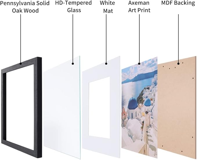Axeman 12x16 Picture Frame with Mat for 8.5x11, Solid Oak Wood Frame with Tempered Real Glass, Wooden Certificate Document Frame for Wall with Wall Hook Included, Set of 2, Black