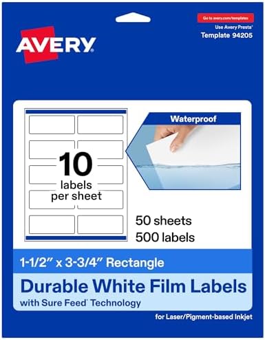 Avery Printable Durable White Rectangle Labels, Sure Feed Technology, 1.5" x 3.75", Print-to-the-Edge, Waterproof Labels, Laser & Pigment-Based Inkjet Compatible, 500 Total