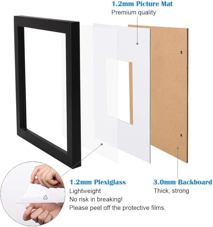 Egofine 12x18 Solid Wood Picture Frame, Made of Solid Wood Covered by Plexiglass 8.5x11 with Mat 12x18 without Mat, Poster Frame for Wall Mounting Hanging Photo Frame Vertically or Horizontally, Black