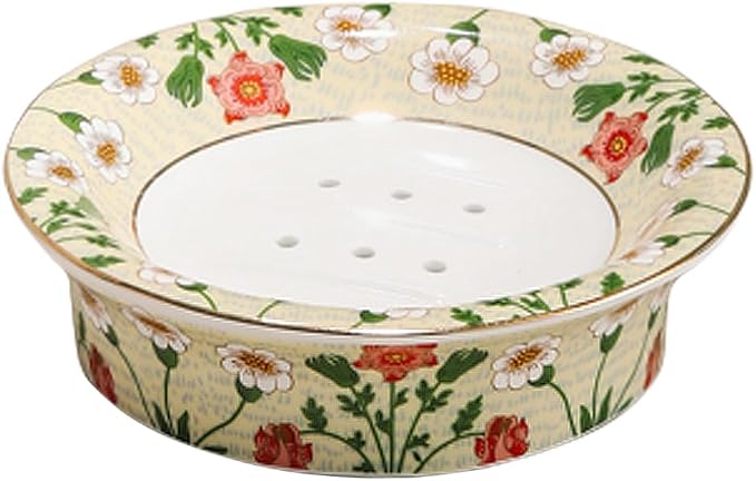 Floral Decorative Self Draining Soap Dish, Double-Layer Round Soap Tray, Vintage Ceramic Soap Dish (Style B)