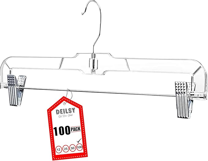 DEILSY™ Skirt Hangers 100 Pack Pants Hangers Shorts Clear Plastic Clothes with Adjustable Clip Non-Slip Clothes Clip Perfect for Pant, Pack of 100