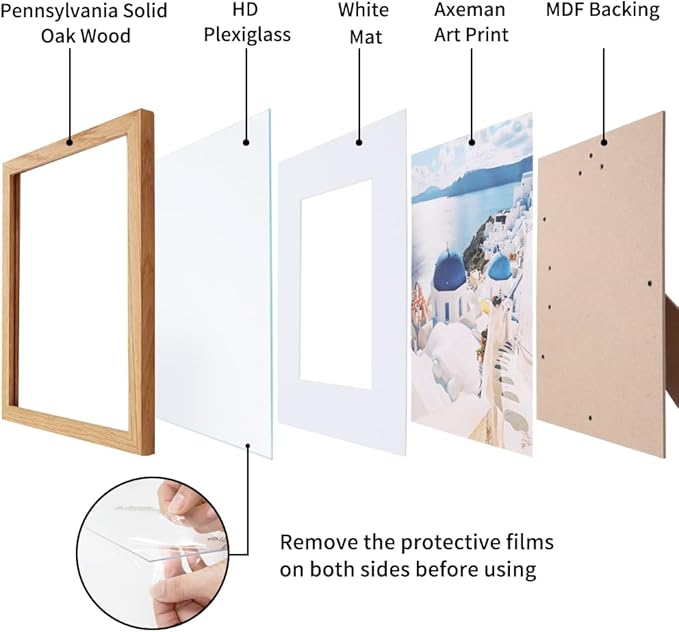 Axeman 8x8 Solid Oak Wood Picture Frame With Mat - 4x4 | Plexiglass & Hanging Hardware Included - Natural, 3 PCs