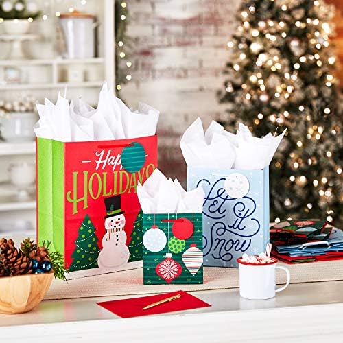 Hallmark Holiday Gift Bag Assortment (8 Gift Bags: 3 Small 6", 3 Medium 9", 2 Large 13") Red, Green and Blue Ornaments, Let It Snow, Happy Holidays with Snowman and Christmas Trees (Pack of 2)