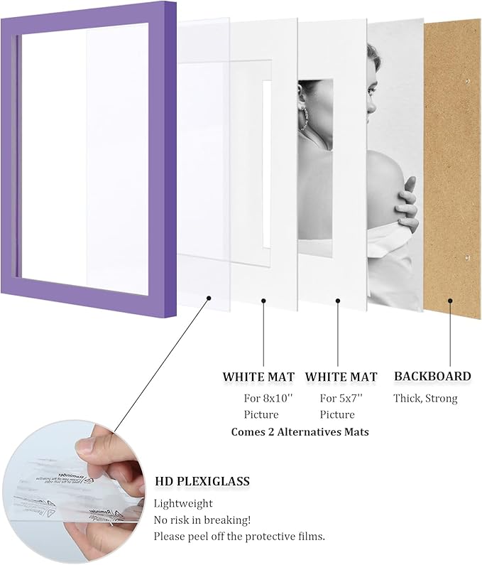 Egofine 11x14 Picture Frame Made of Solid Wood Covered by Plexiglass, Display Pictures 5x7/8x10 with Mat or 11x14 Without Mat for Table Top Display and Wall Mounting Photo Frame, Purple