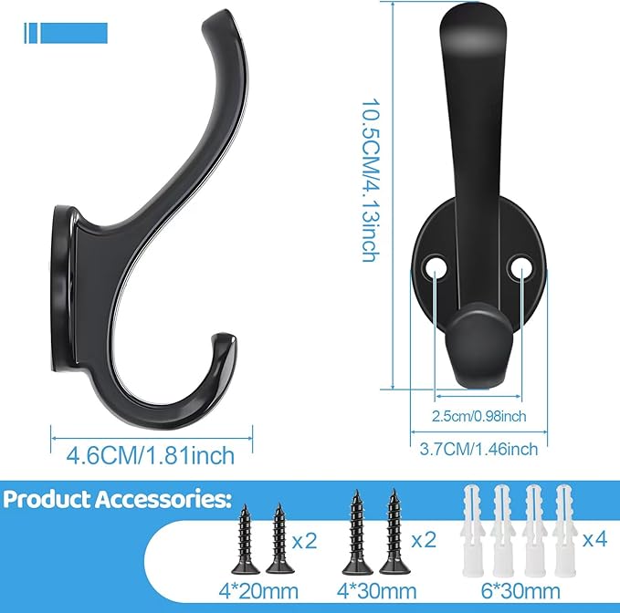 6 Pack Coat Hooks Wall Mount Heavy Duty Utility Retro Double Hooks for Hanging Coats,Hat, Towel, Key, Robe, Scarf, Bag, Cap (Black)