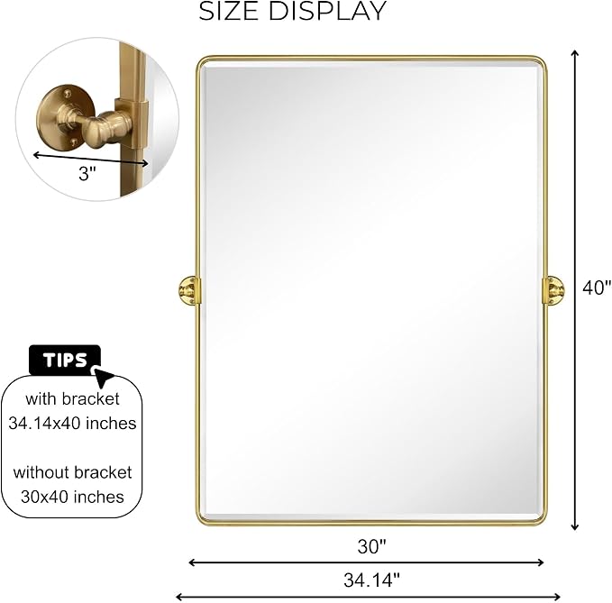 TEHOME Pivot Mirror Brushed Gold Tilt Bathroom Vanity Mirror Large Metal Framed Rectangle Tilting Beveled Vanity Mirrors for Wall, Vertical Hanging, Overall 34.14 x 40 inches (Mirrror 30 x 40 inches)