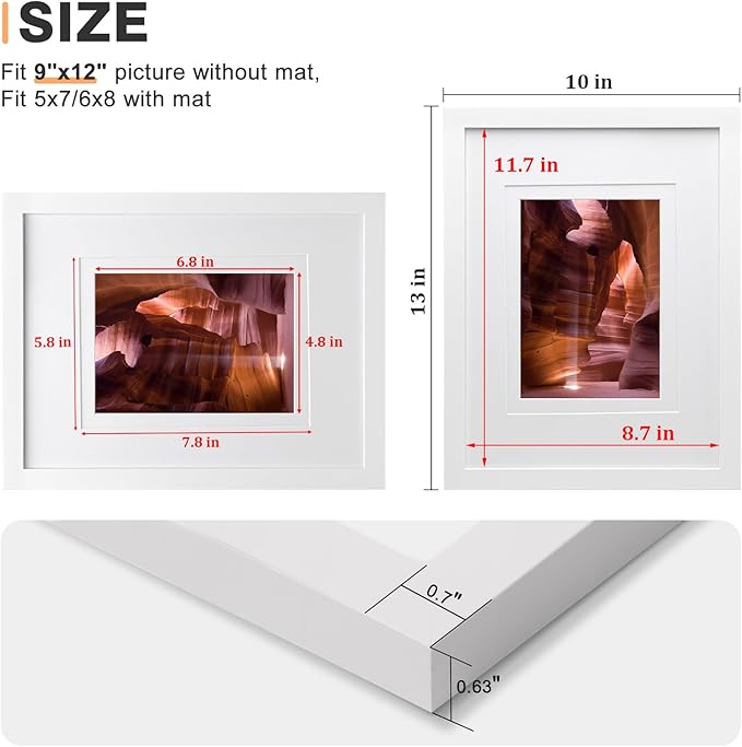 Egofine 9x12 Picture Frame Made of Solid Wood White Covered by Plexiglass, Wood Frame for Pictures 5x7 / 6x8 with Mat or 9x12 without Mat, Tabletop and Wall Mounting Display