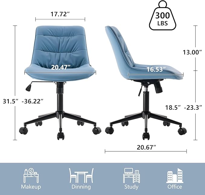 Kidol & Shellder Faux Leather Office Chair, Adjustable Swivel Height Task Chair, Rolling Wheels & Soft Backrest - Armless Ergonomic Desk Chair for Home, Office,Vanity,Gaming（Blue）