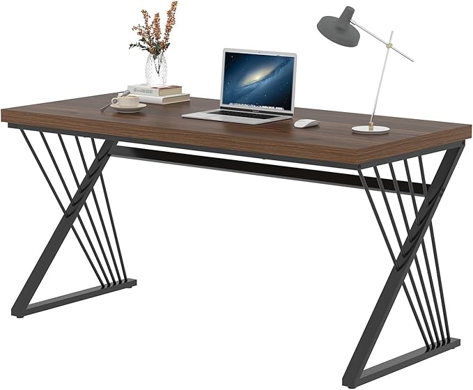 FOLUBAN Office Desk, Modern Wood and Metal Home Desk, Writing Study Work Desks for Bedroom, Industrial PC Gaming Table for Living Room, Walnut, 60 Inch
