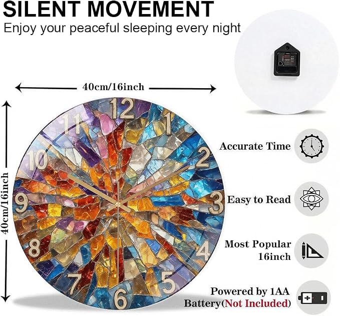 16 Inch Colorful Mosaic Glass Wall Clock Silent Art Decor | Silent glossy clock with a vibrant stained glass mosaic design, perfectly tracking time to brighten your living room