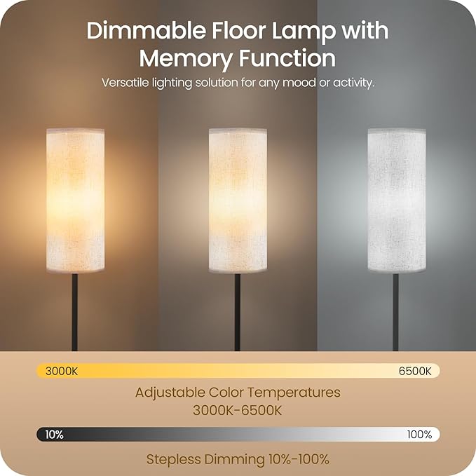 Dimmable Floor Lamp for Living Room with Remote and Foot Switch, Corner Floor Lamp, 64.4" Standing Tall Lamp, 10W 900LM LED Bulb Included, 3000K-6500K, Linen Shade, Weighted, FCC Listed W06LD05W1