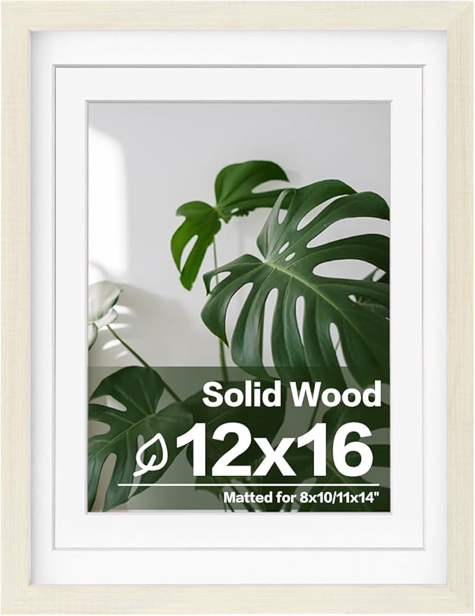 Egofine 12x16 Picture Frame Made of Solid Wood with Plexiglass, Display Pictures 9x12/11x14 with Mat or 12x16 Without Mat for Wall Mounting, Beige