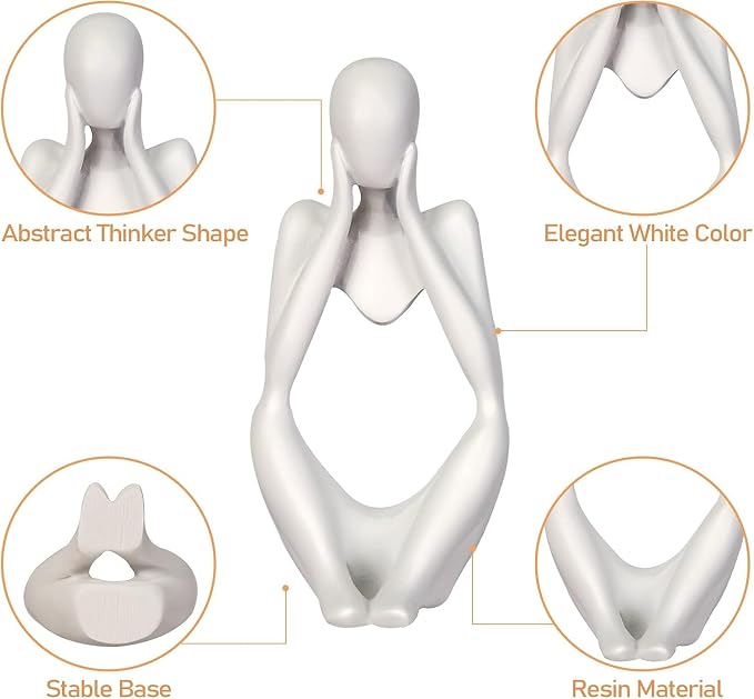 Creative Resin Thinker Minimal Abstract Art Sculpture Statue Figurines Home Office Bookshelf Desktop Decor (White, Focus, Small)