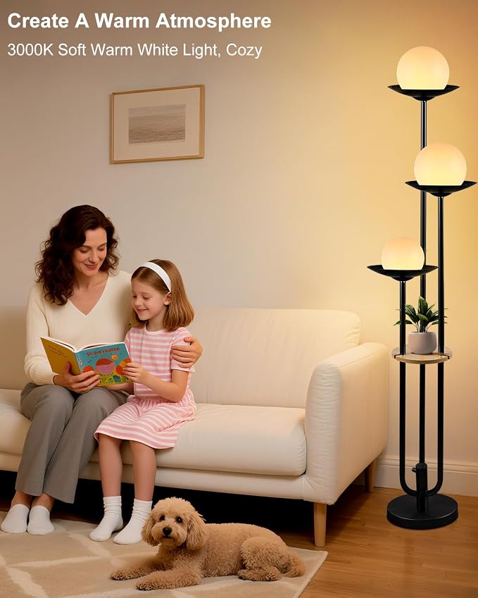 Lightdot Globe Floor Lamp with Shelf 3-Lights Modern Dimmable Floor Lamps 3000K Warm White Bulbs Included Black Tall Standing Lamp with 5Lbs Heavy Base for Living Room/Bedroom/Sofa Beside/Corner Decor