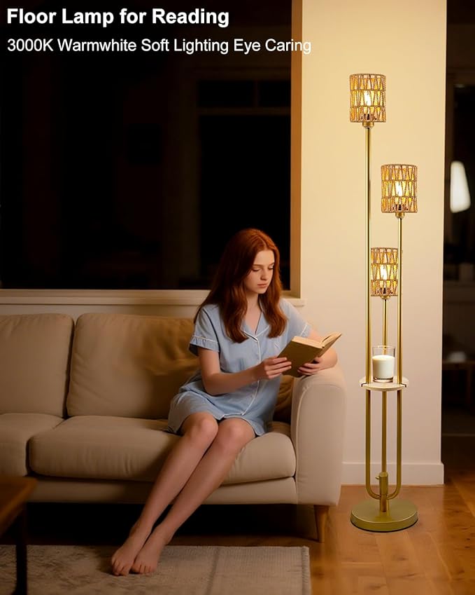 Lightdot Dimmable Boho Floor Lamps with 5Lbs Heavy Base for Living Room, 3-Lights Rattan Floor Lamp with Shelves Rustic Gold Standing Lamp with Warmwhite Bulbs Included for Sofa Beside/Corner Decor