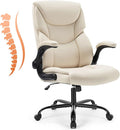 Sweetcrispy Computer Gaming Chair, Ergonomic High Back Heavy Duty Task Desk Office Chairs with Wheels, Flip-up Arms, Adjustable Height, PU Leather, Cream