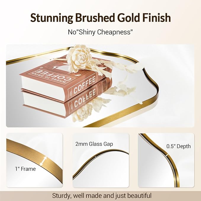 ANDY STAR Brass Scalloped Arched Wall Mirror, 30x36 Brushed Gold Irregular Bathroom Mirror with Curved Design for Vanity, Powder Room, Fireplace, Mantel, with Stainless Steel Metal Frame