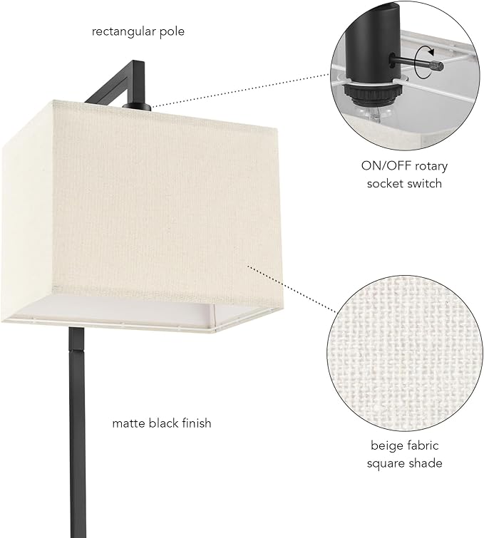 Globe Electric 61000052 60" Floor Lamp, Matte Black, Square White Fabric Shade, On/Off Rotary Switch on Socket, Square Rod, Reading Lamp, Home Office Accessories, Home Décor, Home Improvement