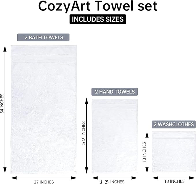 COZYART Luxury White Bath Towels Set, Cotton Hotel Large Towels for Bathroom, Thick Bathroom Set of 3 with 1 Bath Towel, 1 Hand Towel, 1 Washcloth, 650 GSM
