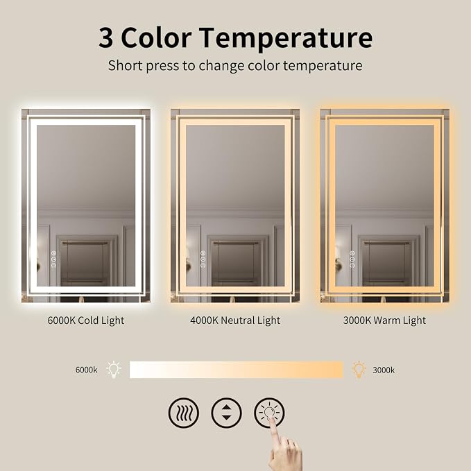 WTTY LED Bathroom Mirror 30"x36" with Backlit and Front Light,Dimmable LED Mirror for Bathroom,Anti-Fog Lighted Bathroom Vanity Mirror Modern for Wall,Memory Function,Shatter-Proof
