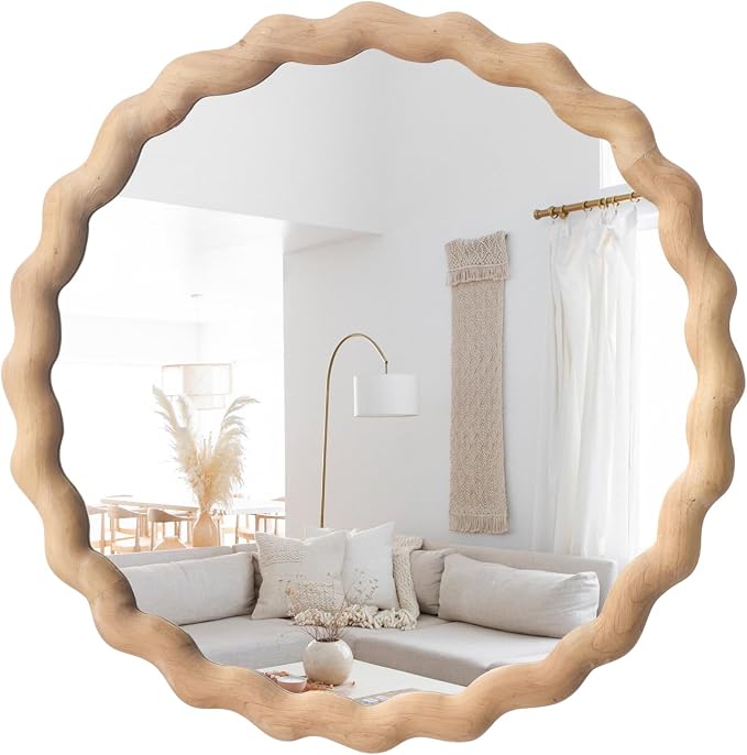 Irregular Wall Mirror,Wood Round Farmhouse Mirror Unique Vanity Mirror,18" Nature Wooden Modern Bathroom Mirror for Washroom Living Room Bedroom