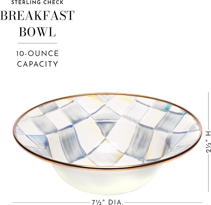 MACKENZIE-CHILDS Enamel Breakfast Bowl, Unique Soup Bowl or Cereal Bowl, Dinnerware, Gray-and-White Sterling Check, Set of 1