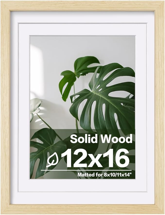 Egofine 12x16 Picture Frame Made of Solid Wood with Plexiglass, Display Pictures 9x12/11x14 with Mat or 12x16 Without Mat for Wall Mounting, Oak Wood