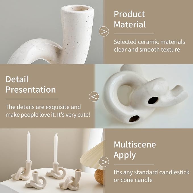 2 Pcs Pretty Ceramic Candle Holder, Modern Abstract Art Candlestick Holder Set, Table Centerpiece Taper Candle Holders Decorations for Home Decor Wedding, Dinning, Party, Mantel, TV Stand, and Kitchen