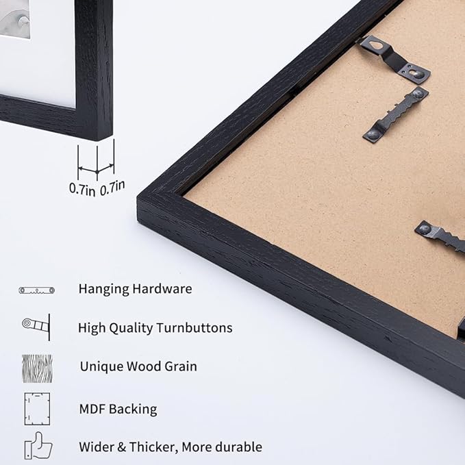 Axeman 11x14 Picture Frame with Mat for 8x10, Solid Oak Wood Picture Frames with Tempered Glass, Natural Wooden 11x14 inch Photo Frame for Wall with Wall Hook Included, Set of 2, Black