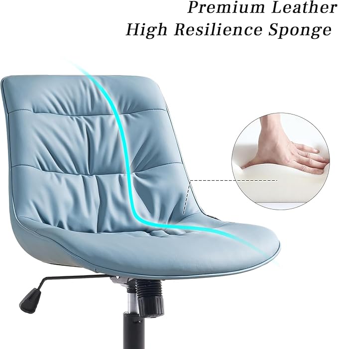 Kidol & Shellder Faux Leather Office Chair, Adjustable Swivel Height Task Chair, Rolling Wheels & Soft Backrest - Armless Ergonomic Desk Chair for Home, Office,Vanity,Gaming（Blue）