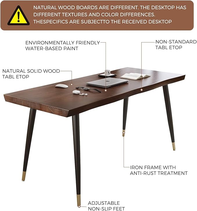 Modern Simple Style 55" Standing Desk Study Computer Desk - Black Metal Frame, Solid Wood Planks, for Home Office Bedroom