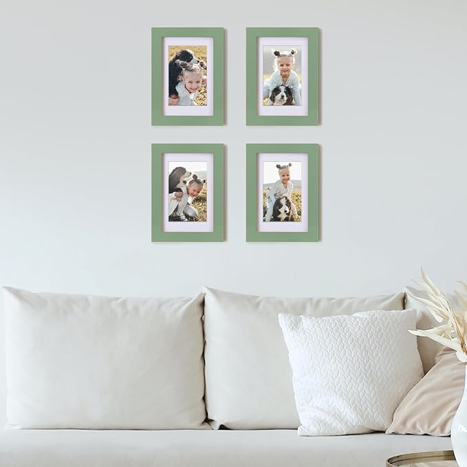Egofine 4x6 Picture Frame Made of Solid Wood with Plexiglass, Display Pictures 3.5x5 with Mat or 4x6 Without Mat for Tabletop and Wall Mounting, Green